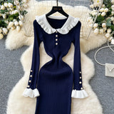 SINGREINY 2024 Hotsweet Slim Autumn Dress Women Peter pan Collar Long Sleeves Patchwork Preppy Style Mermaid Sweater Long Dress - Lootquake