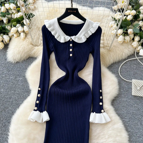SINGREINY 2024 Hotsweet Slim Autumn Dress Women Peter pan Collar Long Sleeves Patchwork Preppy Style Mermaid Sweater Long Dress - Lootquake