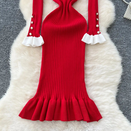 SINGREINY 2024 Hotsweet Slim Autumn Dress Women Peter pan Collar Long Sleeves Patchwork Preppy Style Mermaid Sweater Long Dress - Lootquake