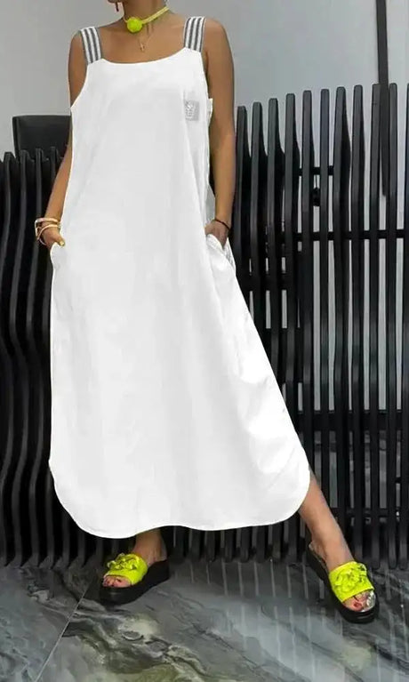 Summer Fashion Solid Cotton Linen Dresses Women Sexy Square Neck Sleeveless Suspender Slit Long Dress Casual Loose Dress Woman - Lootquake