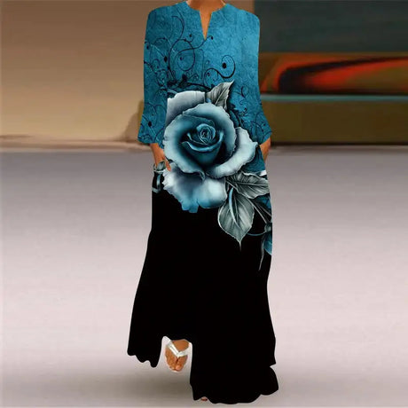 Women Autumn Winter Long Dress Elegant Party Casual V Neck Long Sleeve Vestids Style Loose Stripe Printing Vintage Maxi Dresses - Lootquake