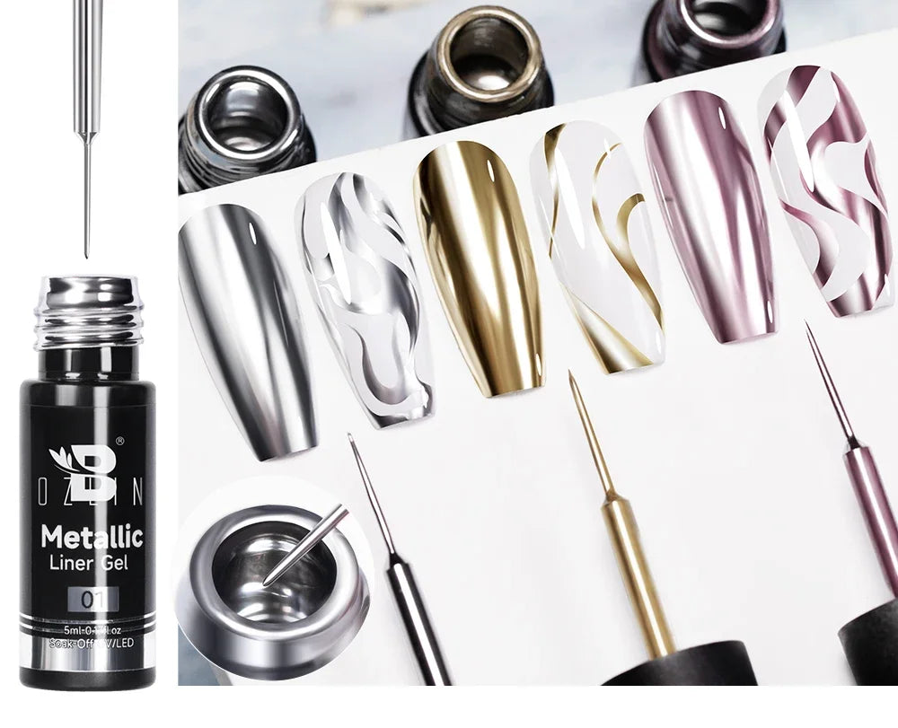 5ML Gold Silver Metallic Liner Paint Gel Polish Chrome Mirror Metal Effect Super Bright French UV LED Semi Permanent Nail Gel