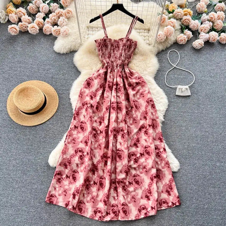 YuooMuoo Korean Fashion Rose Flower Print Romantic Retro Party Dress Summer Elastic High Waist Vacation Long Dress Beach Vestido - Lootquake