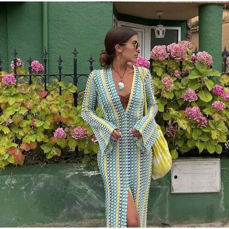 Striped Hooked Crochet Knit Long Dress Women Autumn Long Sleeve A Line Vestidos Female Vintage Commuter Slim Dresses - Lootquake