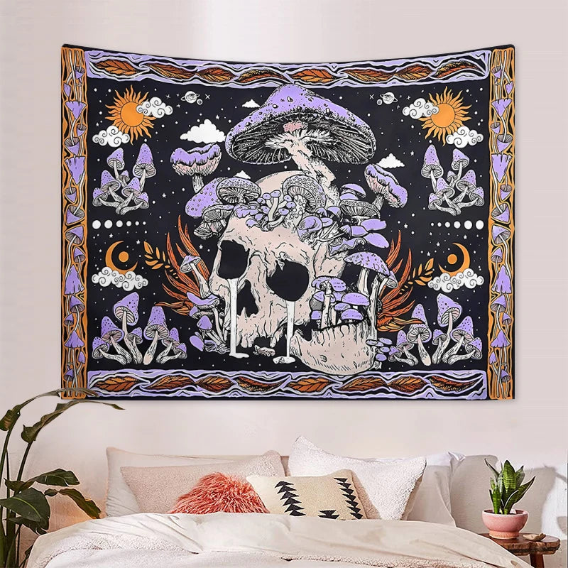 1pc Skeleton mushroom pattern tapestry, moon sun mandala tapestry, room decoration wall hanging