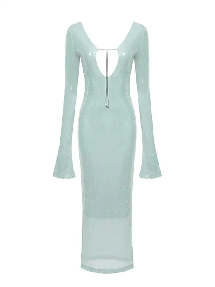 BEVENCCEL Sexy Luxury Sequins Deep V Long Sleeve Backless Sequins Long Dress Elegant  Bodycon Maxi Evening Party Clubwear Dress - Lootquake