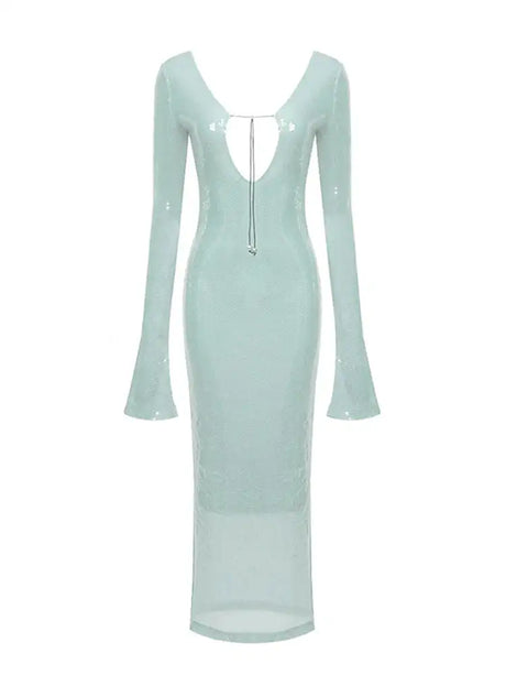 BEVENCCEL Sexy Luxury Sequins Deep V Long Sleeve Backless Sequins Long Dress Elegant  Bodycon Maxi Evening Party Clubwear Dress - Lootquake