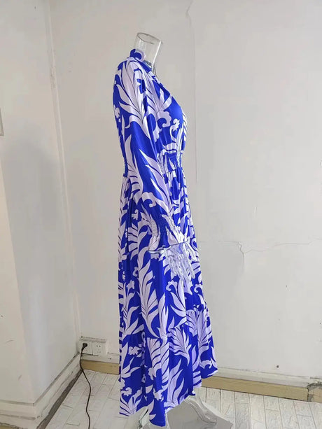 Europe And America Cross Border Autumn/Winter New Long Dress with Waist Pullover And Bohemian Print Long Sleeve Large Swing - Lootquake