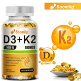 Cápsulas de vitamina D3 (5000 UI) y 200 mcg de vitamina K2 (MK-7) para la absorción de calcio, la regeneración ósea y el refuerzo inmunitario. Fáciles de disolver.