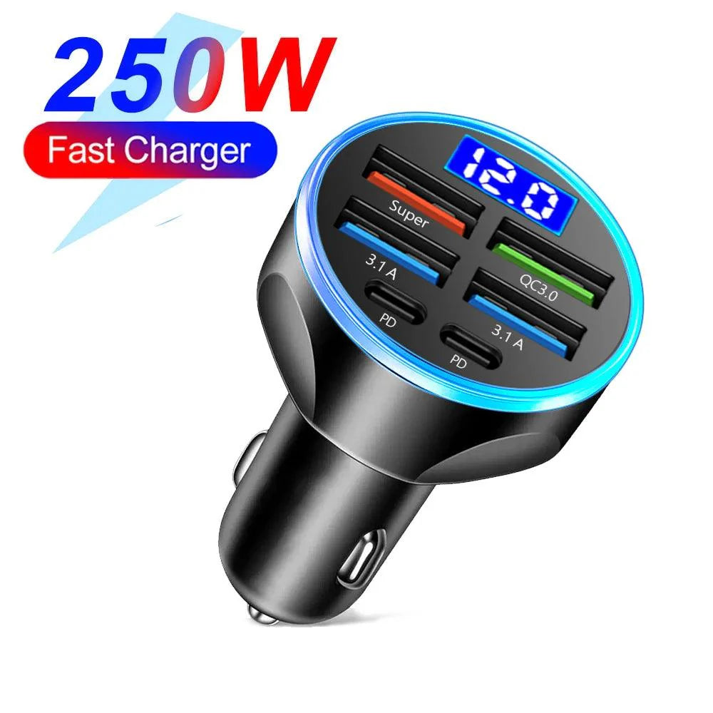 66-250W PD Car Charger QC3.0 Fast Charge with Digital Display 4USB and 2PD Ports for Car Cigarette Lighter Plug