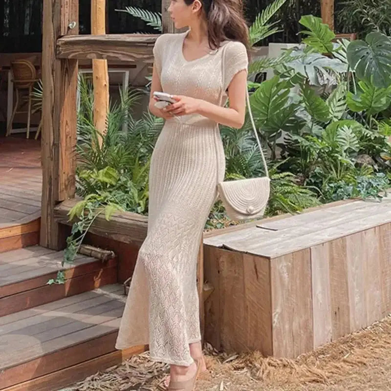 Summer High Quality Korean Simple Hollow Out Vest Knit Sweater Dress Women Japanese Gentle V-Neck Slim Elastic Knit Long Dress - Lootquake