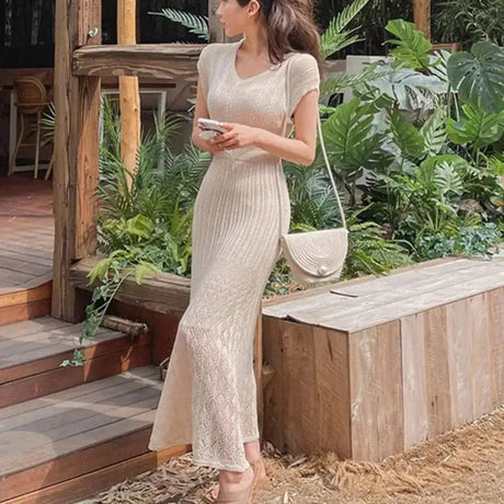 Summer High Quality Korean Simple Hollow Out Vest Knit Sweater Dress Women Japanese Gentle V-Neck Slim Elastic Knit Long Dress - Lootquake