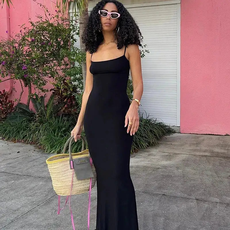 Dulzura Women 2025 Summer Party Club Evening Streetwear Bodycon Beach Basic Black Long Dress Wholesale Items For Business D22775
