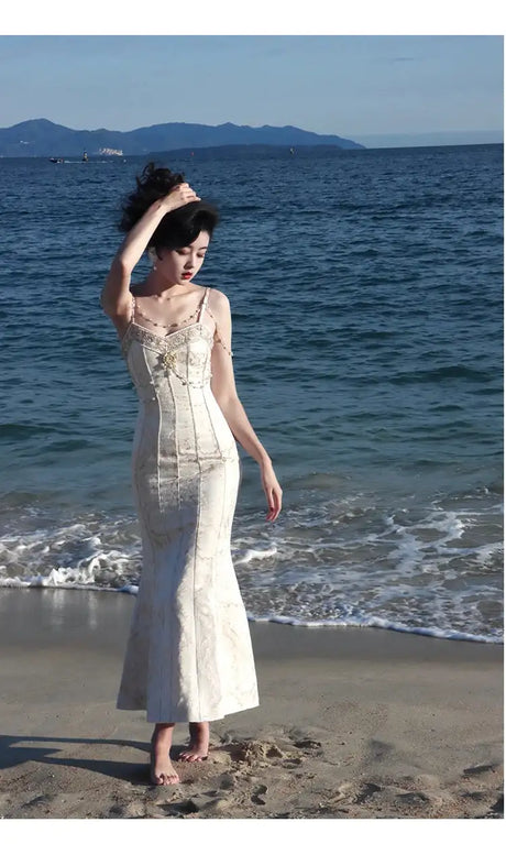 Summer Women Gorgeous Party Mermaid Prom Dress Spaghetti Strap Pearl Beading Ruffles Dress Feminine Backless Trumpet Long Dress - Lootquake