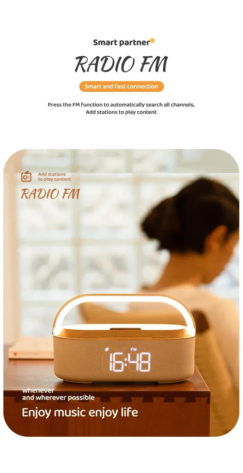 Altavoz Bluetooth, batería de 2500 mAh, compatible con carga inalámbrica de 15 W, reloj digital, pantalla, luz nocturna, despertador, estéreo Bluetooth.