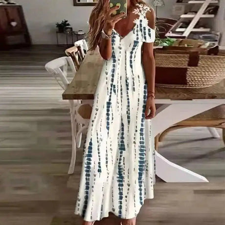 Women's Printed White Lace Sleeveless Suspender Dress Summer Fashion Casual Long Dress - Lootquake