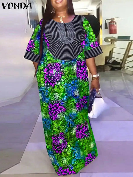 Plus Size Women Maxi Long Dress 2024 VONDA Vintage Half Sleeve Floral Printing Robes Dress Loose Oversize Vestido Streetwear - Lootquake
