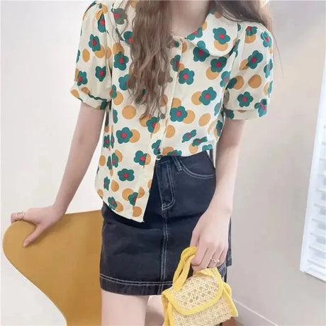 Women Summer Korean Casual Printing Chiffon Loose Polo-Neck Short Sleeve Blouse Women Clothes Sweet All-match Floral Top Tee - Lootquake