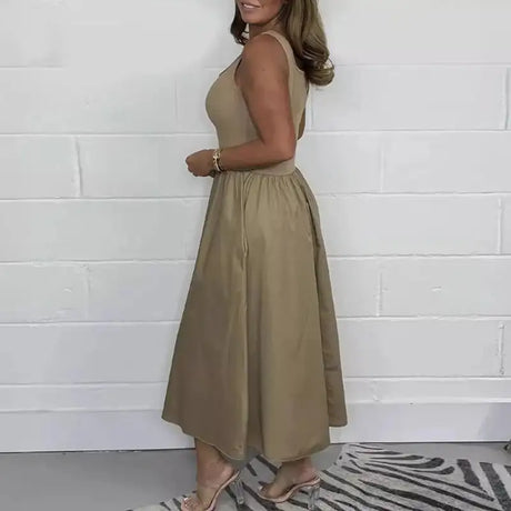 Spring Summer Sleeveless Tank T-shirt Dress Women Sexy U Neck Loose A-Line Long Dress Casual Solid Comforty Simple Party Dresses - Lootquake
