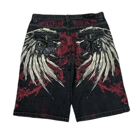 Y2K Baggy Shorts Womens New Wing Embroidered Denim Shorts Vintage Harajuku Hip Hop Gothic Punk Gothic Wide Leg Pants Street Wear - Lootquake
