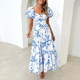 Summer V Neck Cutout Floral Print Dresses Elegant Women Puff Short Sleeve Casual Dress Pleated Waisted Swing Beach Long Dress - Lootquake