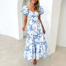 Summer V Neck Cutout Floral Print Dresses Elegant Women Puff Short Sleeve Casual Dress Pleated Waisted Swing Beach Long Dress - Lootquake