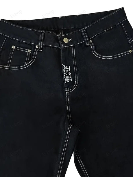 Women's Skeleton Embroidery Jeans, Men's Casual Street Style Loose Fit Jeans,Hip Hop Y2K New Straight Cargo Pants Streetwear - Lootquake