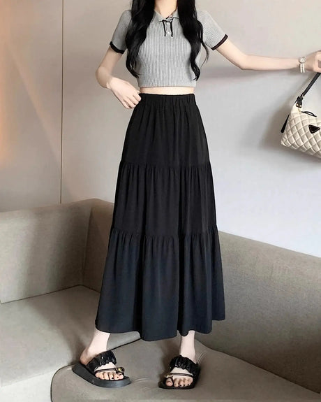 Spring 2024 New Women's Petite Black Umbrella Skirt High-waisted A- line White Dress Long Dress Drape Sense - Lootquake