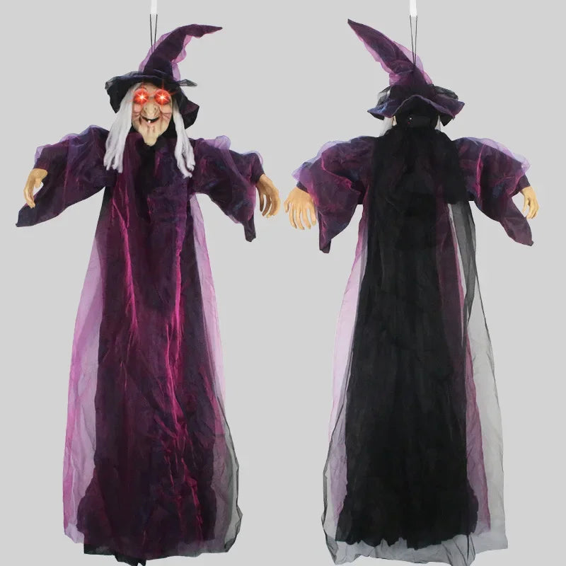 Halloween Hanging Witch Decor Skeleton with Sound Glowing Red Eyes Scary Talking Witch Halloween Decorations Haunted House Props