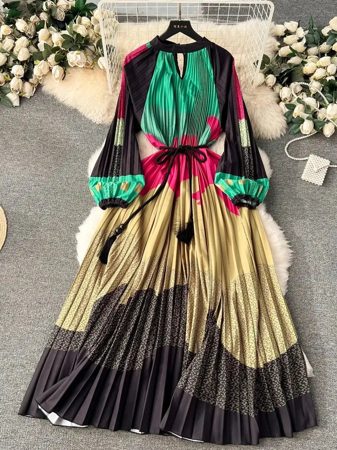 Spring Holiday Print Long Dress For Women Fashion Loose Lantern Sleeve Party Robe Female Big Swing Tassels Belt Pleated Clothes