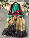 Spring Holiday Print Long Dress For Women Fashion Loose Lantern Sleeve Party Robe Female Big Swing Tassels Belt Pleated Clothes