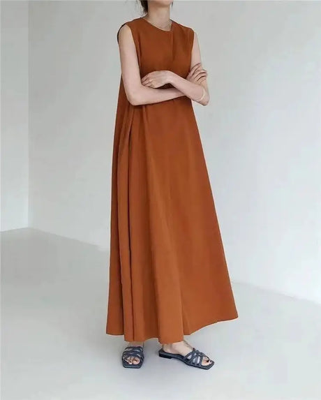 2022 Minimalist Chic Loose Swing Sleeveless Mid-length Casual Cotton Linen Long Dress  Round Neck High Waist Women Runway Dress - Lootquake