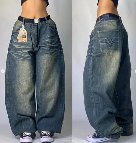 2023 New American Harajuku retro skull print straight high waist Y2K women's washed grey jeans Streetwear Gothic wide trousers - Lootquake