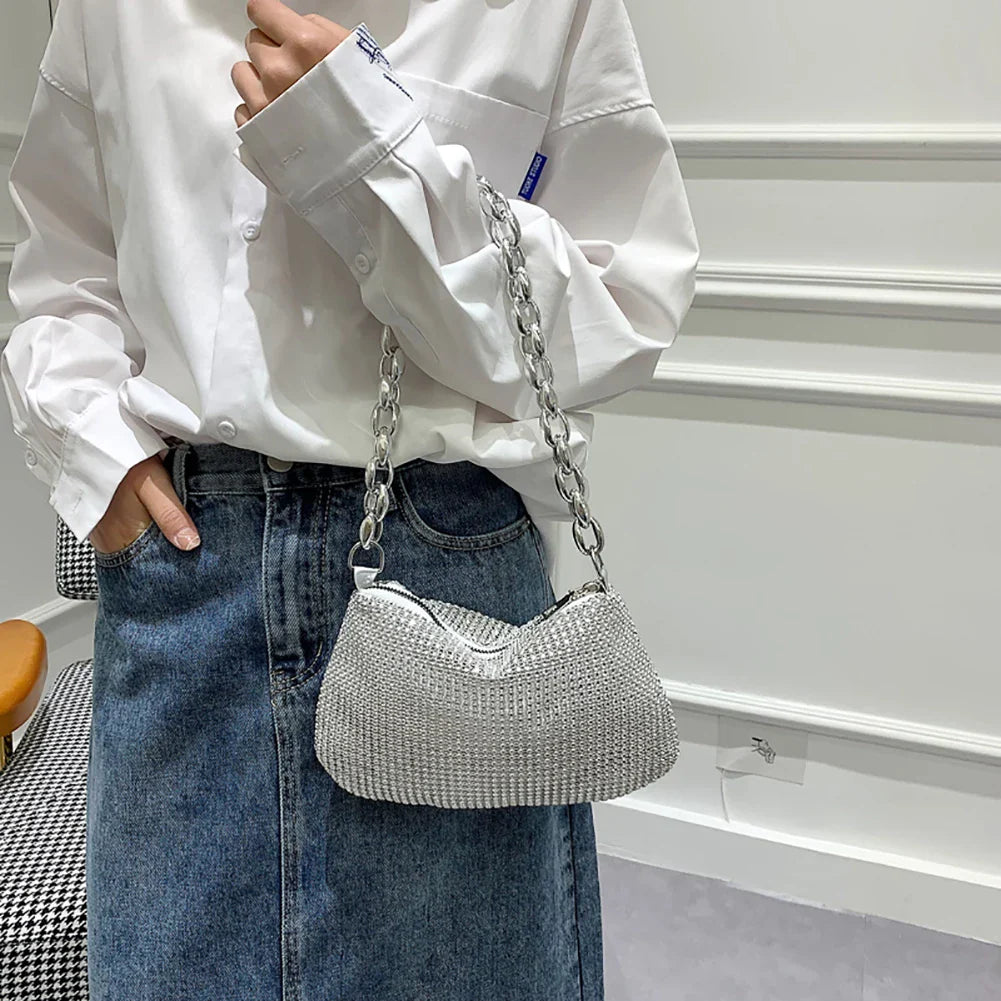 Bling Rhinestone Evening Clutch Bag | Women's Korean Designer Diamond Chain Dinner Party Handbag (Lady Square Tote Shoulder Bag)