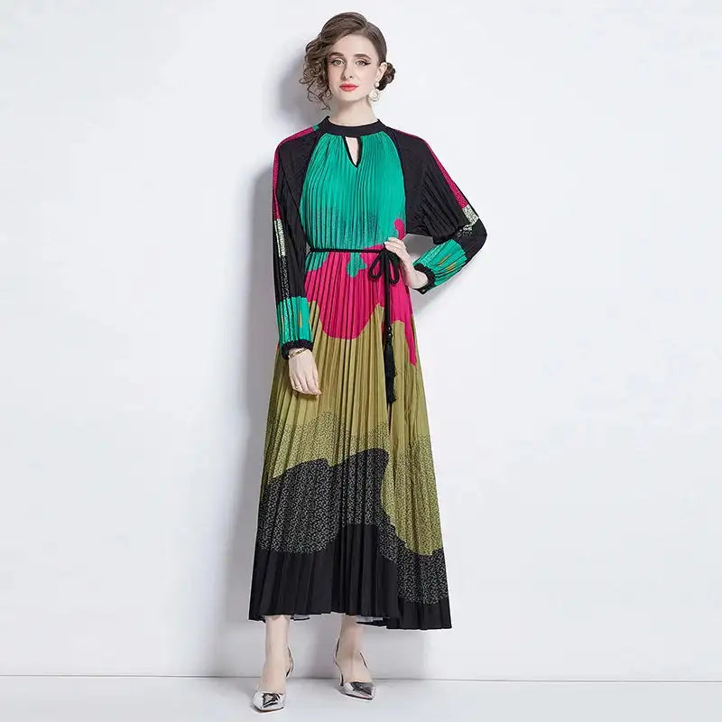 Spring Holiday Print Long Dress For Women Fashion Loose Lantern Sleeve Party Robe Female Big Swing Tassels Belt Pleated Clothes