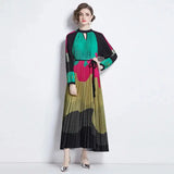 Spring Holiday Print Long Dress For Women Fashion Loose Lantern Sleeve Party Robe Female Big Swing Tassels Belt Pleated Clothes