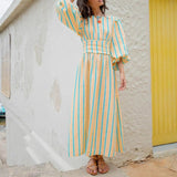 Hirigin Womens Summer Puff Sleeve Long Dress Boho Backless Tie Waist Maxi Dress Bohemian Midi Dress Gauze High Waist Dresses - Lootquake