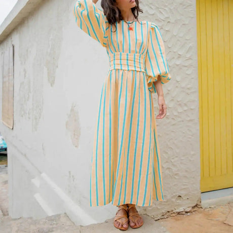 Hirigin Womens Summer Puff Sleeve Long Dress Boho Backless Tie Waist Maxi Dress Bohemian Midi Dress Gauze High Waist Dresses - Lootquake
