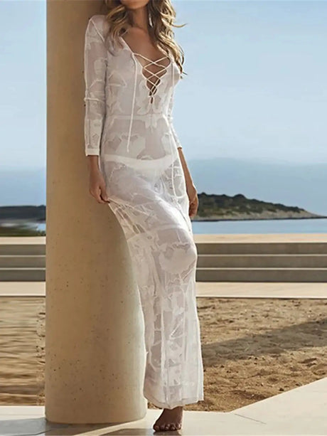 Deep V Dress Lace Up Long Sleeve Women Split Maxi Dress Crochet Knitted Tunic Mesh Sheer Sexy Bodycon Long Dress Vestido V4146B - Lootquake