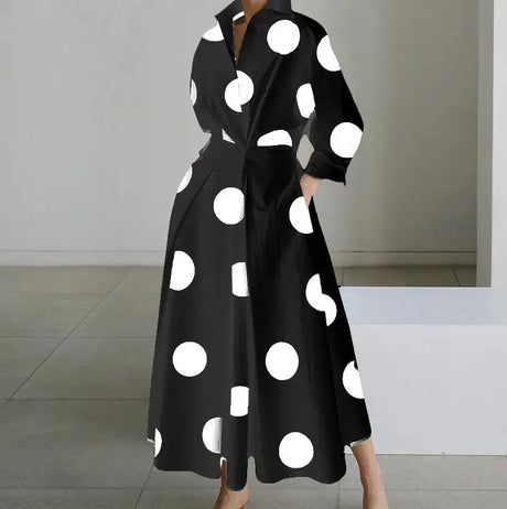 Autumn Dress Long Sleeve Dot Print Elegant Maxi Dresses For Women 2023 White Casual V Neck Shirt Party Long Dress Robe Femme - Lootquake