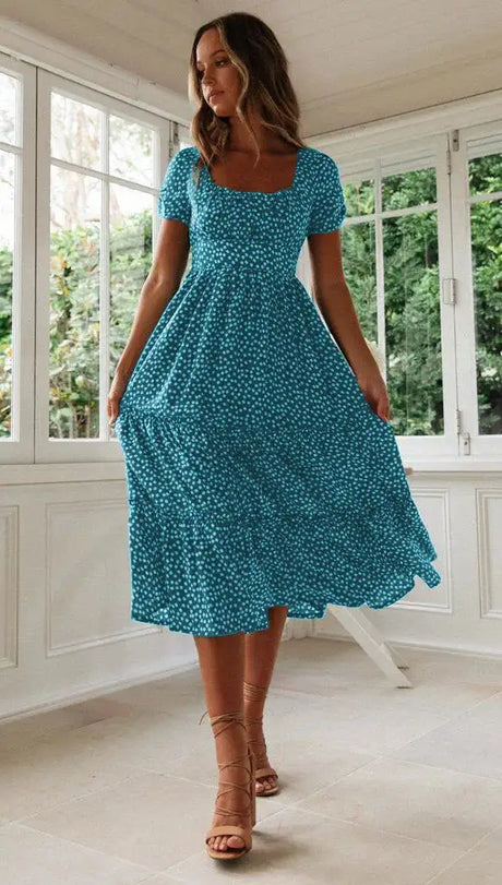 Summer Women Beach Sweet Dresses Vintage Vintage Print Puff Sleeve Casual Square Collar Floral Maxi Long Dress Festa Vestidos - Lootquake