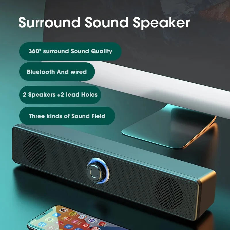 Altavoz Bluetooth 4D Surround Sound Bar Altavoces de computadora con cable Subwoofer estéreo Barra de sonido para computadora portátil PC Cine TV Aux 3.5mm