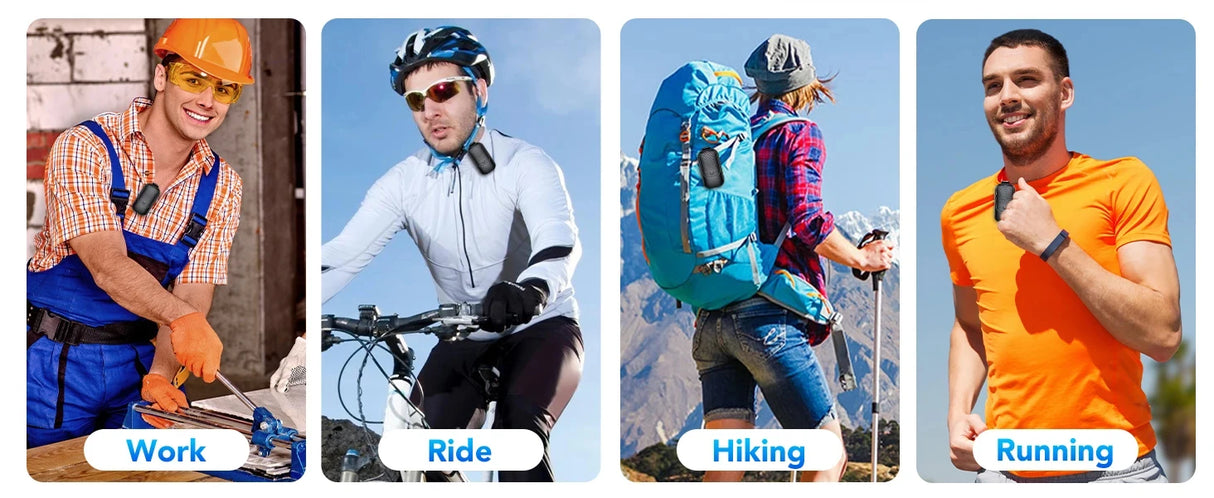 Altavoz Bluetooth inalámbrico portátil con clip y micrófono incorporado, ideal para deportes al aire libre.