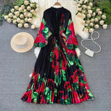 Spring Holiday Print Long Dress For Women Fashion Loose Lantern Sleeve Party Robe Female Big Swing Tassels Belt Pleated Clothes - Lootquake