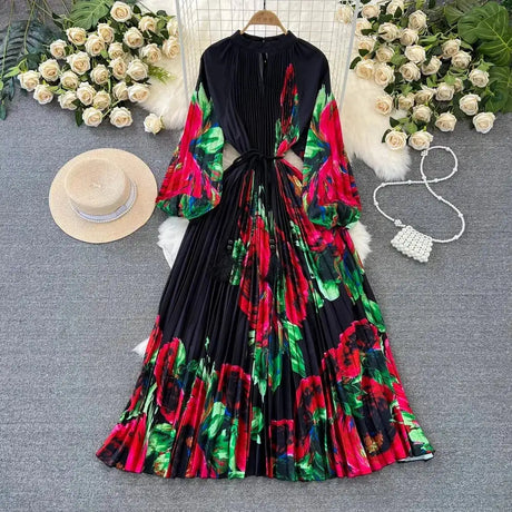 Spring Holiday Print Long Dress For Women Fashion Loose Lantern Sleeve Party Robe Female Big Swing Tassels Belt Pleated Clothes - Lootquake