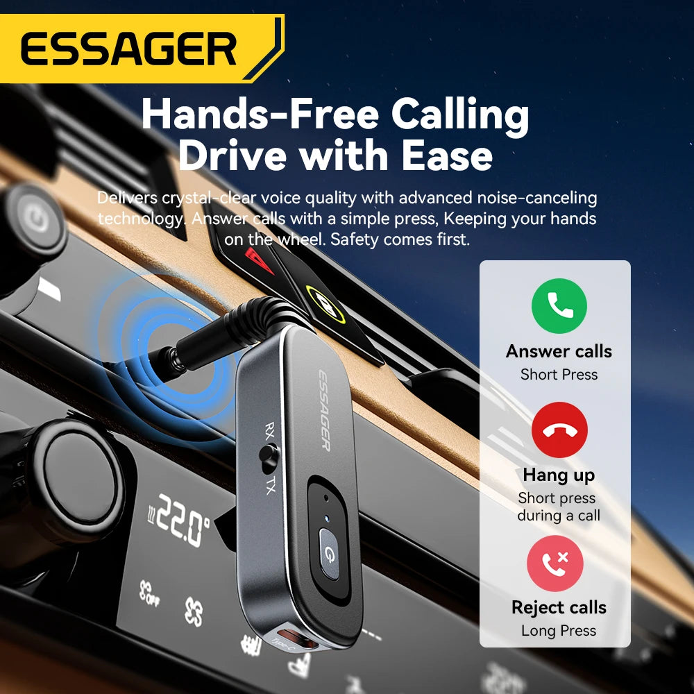 Receptor y transmisor de audio Essager Bluetooth 5.1 de 3,5 mm con entrada auxiliar de 3,5 mm y micrófono, adaptador inalámbrico para música estéreo, PC, TV y altavoces de coche.