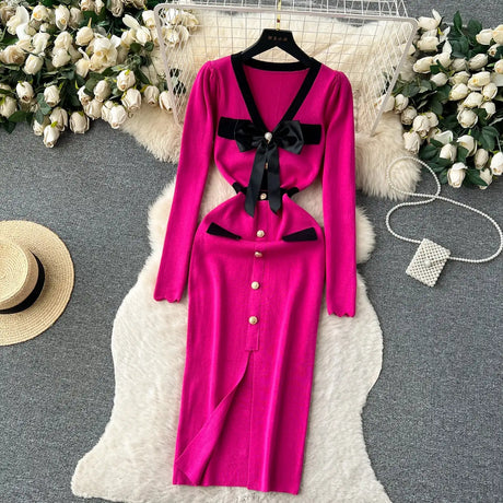 SINGREINY Office Lady Sweater Long Dress 2023 Bow Single Breasted Elastic Split Women Autumn Dress Fashion Senior Knitted Dress - Lootquake