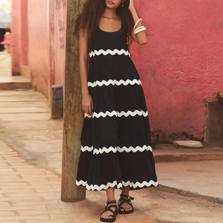 Spaghetti Strap Wave Striped Long Dress Women Square Neck Chic Contrast Sleeveless Beach Dress Flowy Large Swing Maxi Dress - Lootquake