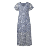 Vestidos Verano Moda 2024 Women's Swing Long Dress Chiffon Floral Short Sleeve Ruffle V Neck Fashion Waist Flowy Dress платье - Lootquake