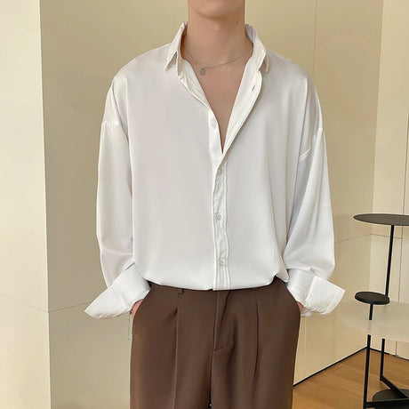 White Long Sleeved Shirt Men Oversized Fashion Social Mens Dress Shirt Korean Loose Ice Silk Shirt Mens Office Formal Shirts - Lootquake